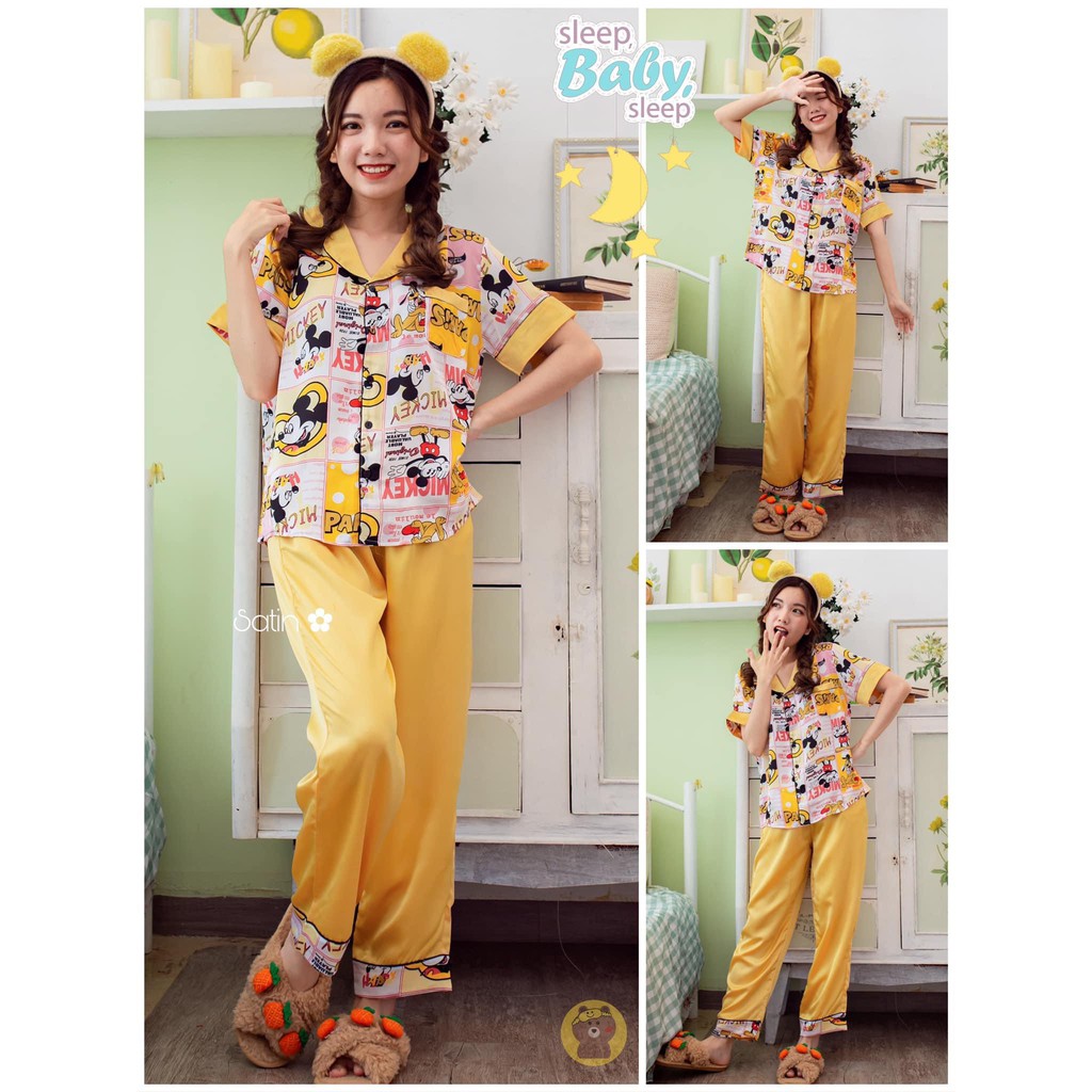 Đồ Bộ Pijama Satin TNQD Phối túi Hoạt hình-Quần Trơn