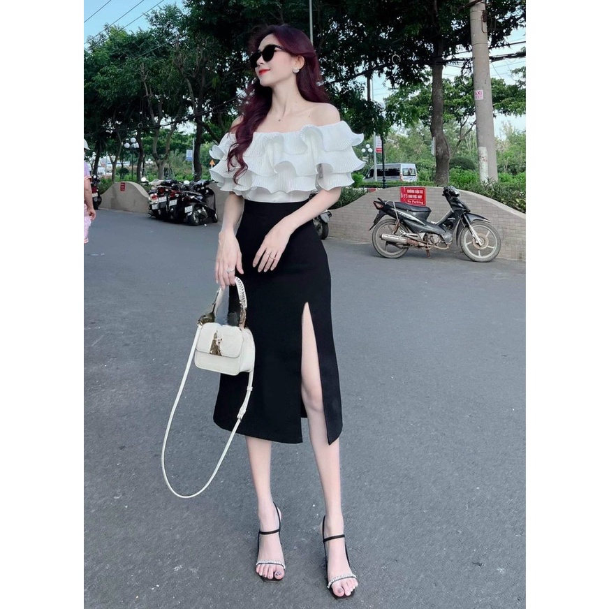Sét áo trễ vai dập ly 3 tầng (có mút) mix chân váy dài xẻ tà quyến rũ