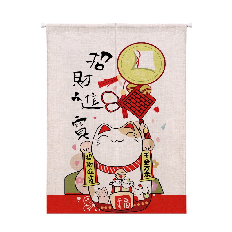 Rèm cửa Noren phong cách Nhật Bản bằng vải cotton lanh in họa tiết mèo may mắn / Maneki Neko
