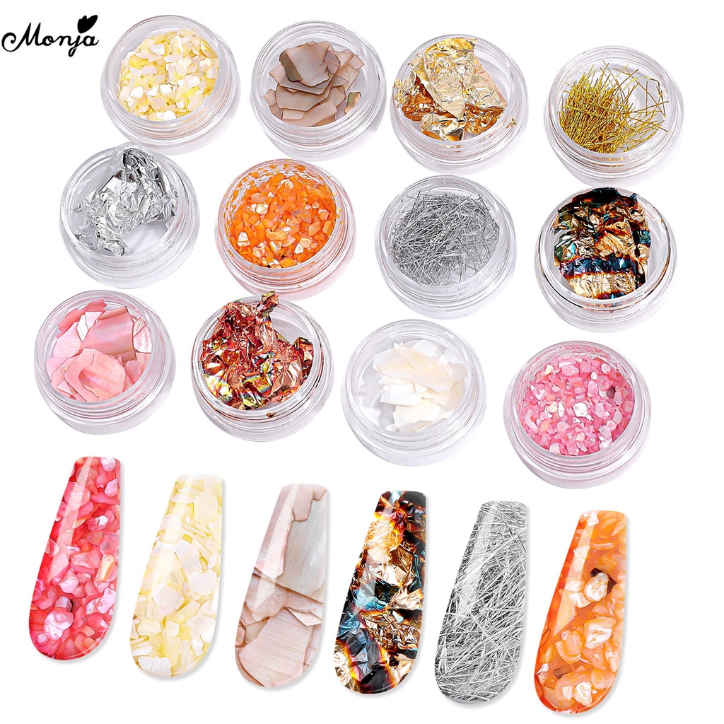 MONJA [Hàng mới về] Set 6/12 hộp phụ kiện trang trí móng hình lục giác làm bằng vỏ sò 3d