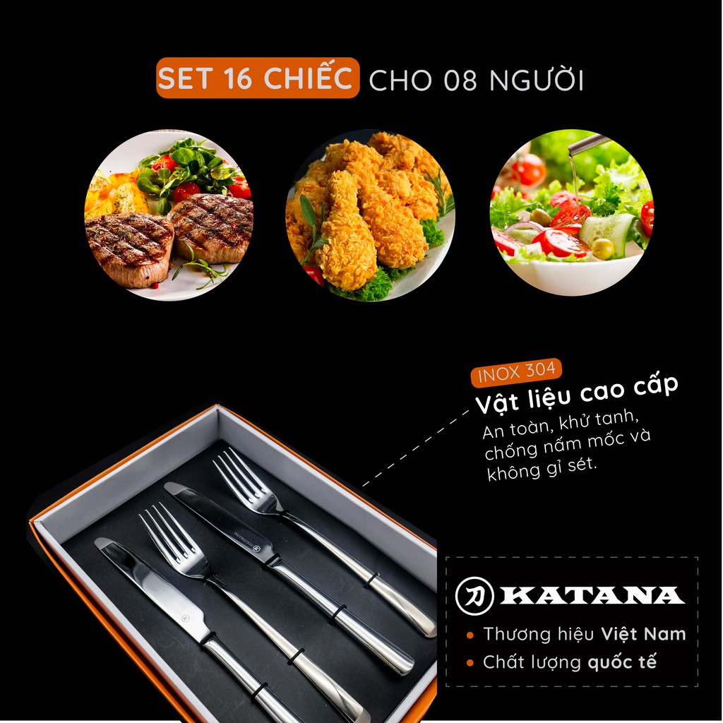 Set 16 món DAO DĨA ăn bít tết, steak KATANA INOX 304 cao cấp, sang trọng - KATA140