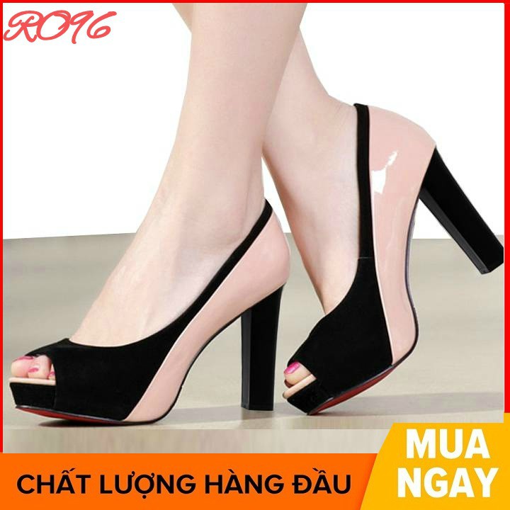 Giày cao gót nữ đẹp đế vuông 10 phân hàng hiệu rosata màu đen kem ro96