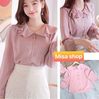 [ẢNH THẬT]  Áo sơ mi Hồng cổ bèo tay dài siêu Xinh