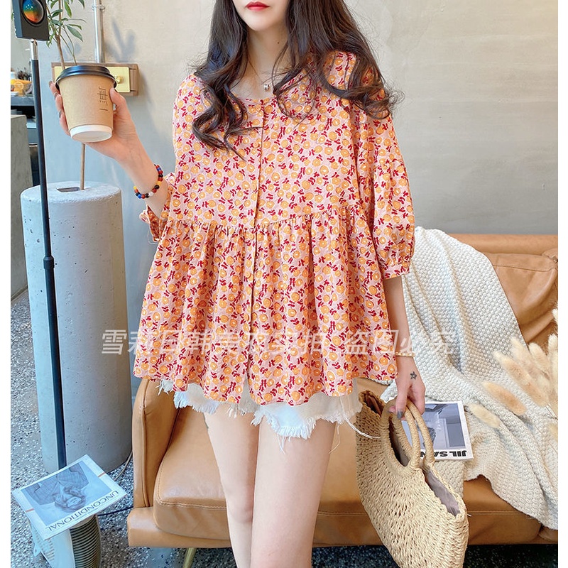 Áo cotton Lanh Cổ Tròn Tay Phồng Họa Tiết Hoa Đơn Giản Thời Trang Phong Cách Hàn Quốc Cho Nữ