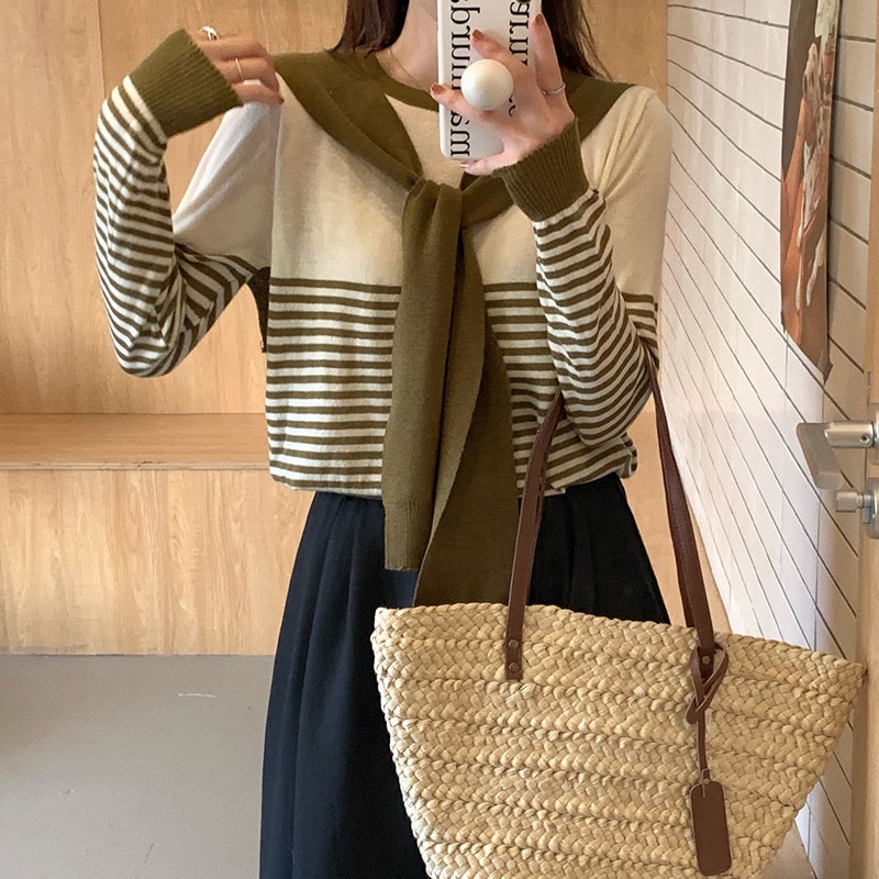 Áo len ZHELIHANGFEI tay dài họa tiết kẻ sọc thời trang dễ phối đồ cho nữ
