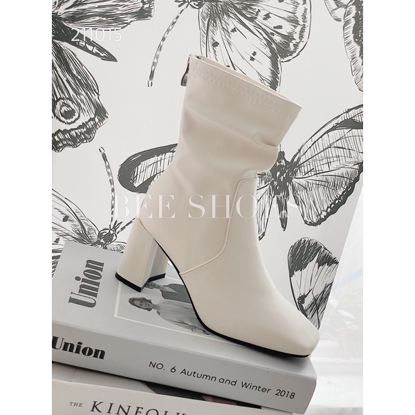 BEESHOES - BOOT NỮ DA MỀM MŨI VUÔNG - BOOT NỮ GÓT TRỤ CAO 7CM CÓ SẴN MÀU ĐEN - KEM - BE 211015