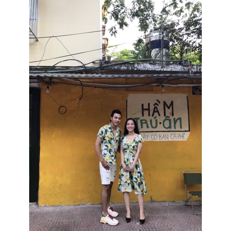 Mẫu quả chanh - Set đôi set gia đình đi biển du lịch hoạ tiết hoa lá - Đồng phục gia đình công ty - Có đồ bé, váy mẹ