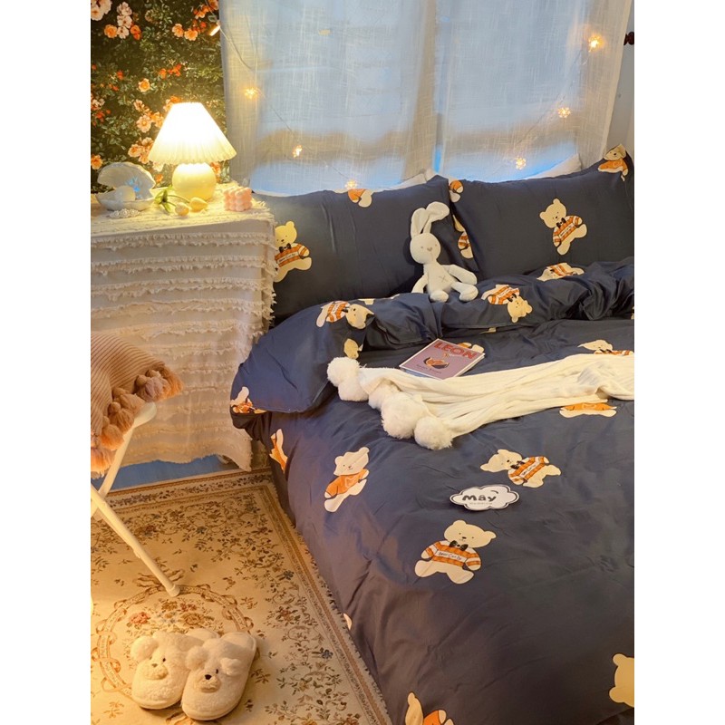 Bộ chăn ga gối cotton poly hoạ tiết gấu teddy xanh đen Mây bedding đủ kích thước nệm