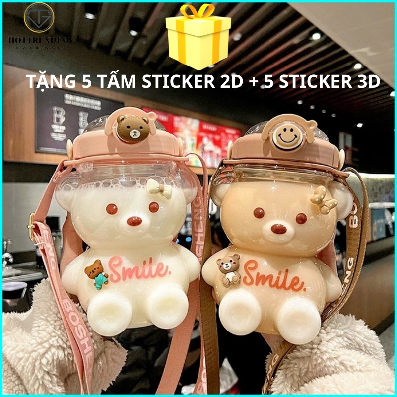Bình Nước Gấu 1100ml Tặng kèm Sticker 2D, 3D Có Dây Đeo Chéo Kèm Ống Hút Tiện Lợi An Toàn