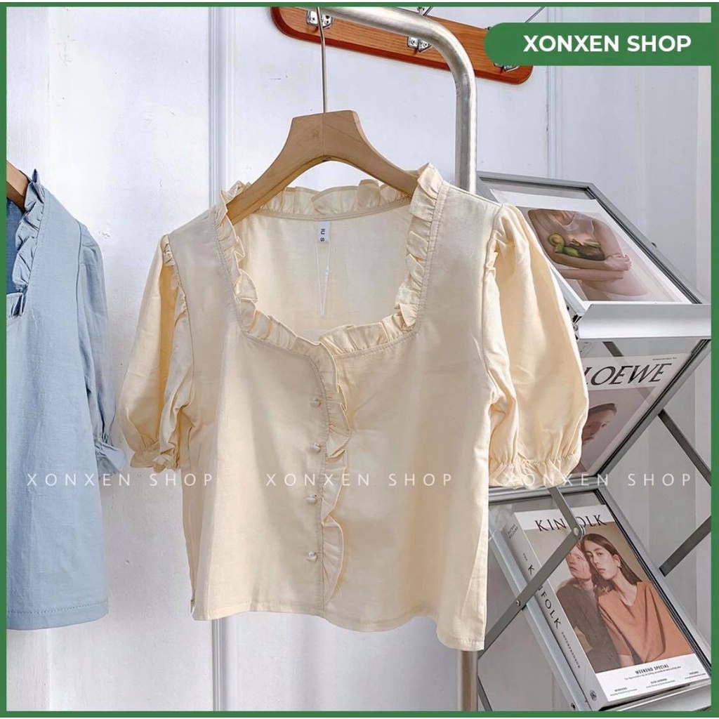 Áo kiểu nữ áo kiểu cổ vuông viền bèo tiểu thư XONXEN SHOP QUY NHƠN freesize mã 3357