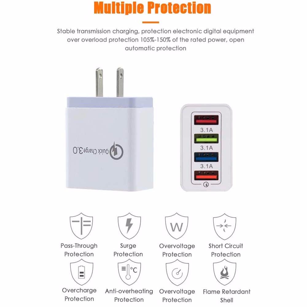 Củ sạc nhanh bằng nhựa nhiều màu cho Xiaomi Huawei 4 cổng USB