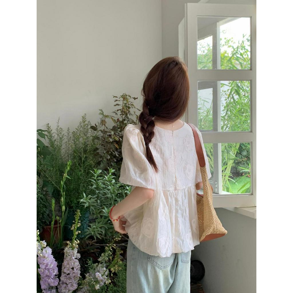 Áo Sơ Mi Cổ Vuông Ngắn Tay Dáng Rộng Màu Sắc Đơn Giản 65240