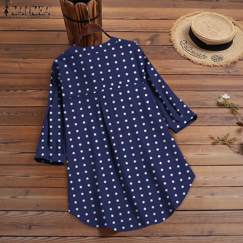 ZANZEA Áo Kiểu Cổ Tròn Tay 3 / 4 Họa Tiết Chấm Bi Phong Cách Cổ Điển Dành Cho Nữ