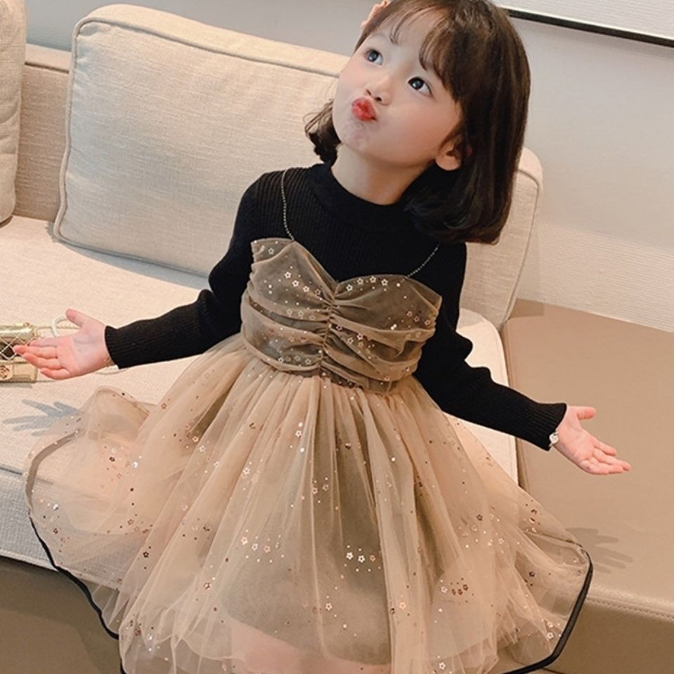 Váy liền cho bé gái voan bồng giả hai lớp kiểu tây trẻ em mẫu mới mùa thu 2021 công chúa phong cách Hàn Quốc