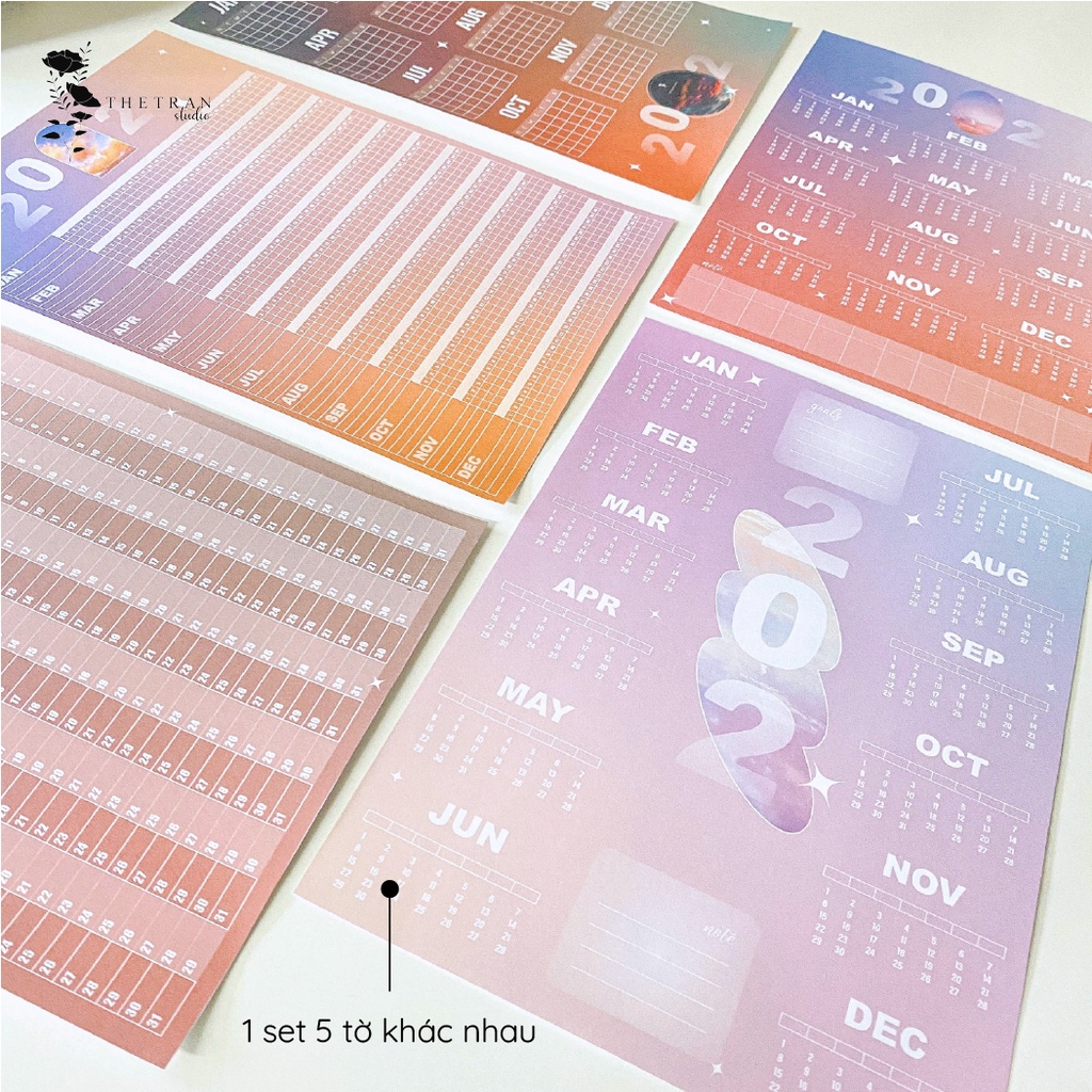 Bộ 5 tờ lịch ghi chú kế hoạch A4 dùng cho tất cả các năm chủ đề bầu trời / sky wall calendar / thetranstudio