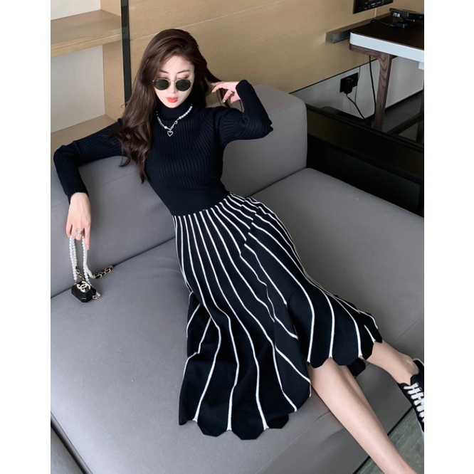 Đầm sweater Dệt Kim Dày Dáng Dài Qua Gối Cổ Cao Thời Trang Thu Đông 2022