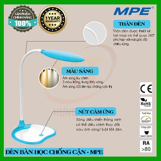 Đèn bàn học chống cận LED 4W MPE TL3 - 3 màu sáng - Thân trắng xanh
