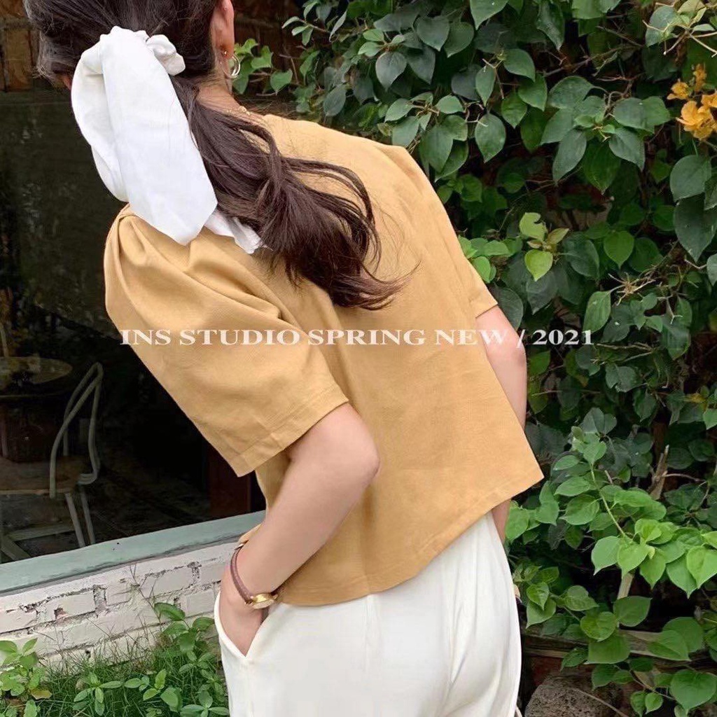 Áo sơ mi cổ tim lienen vàng rhstore | BigBuy360 - bigbuy360.vn