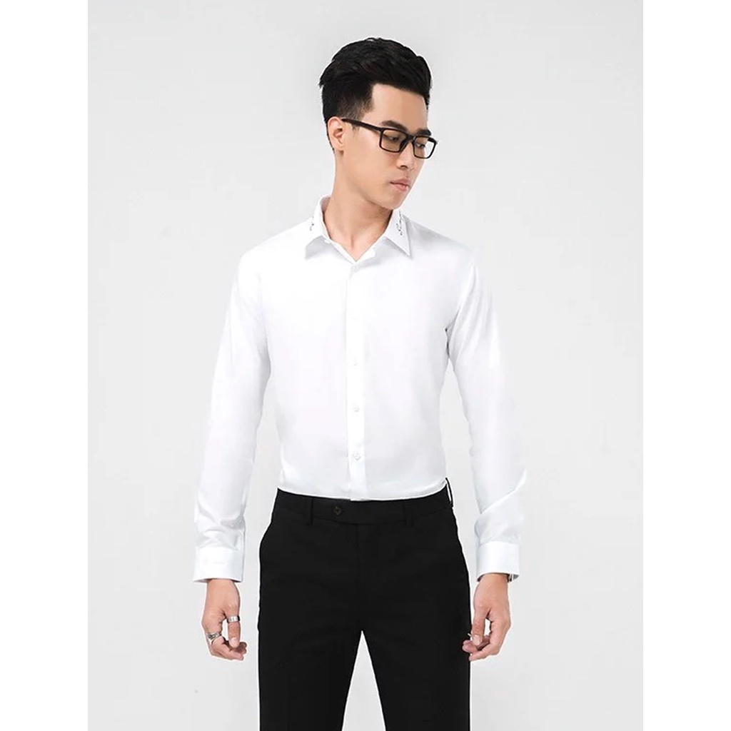 Áo sơ mi nam dài tay thiết kế thêu cổ trắng trơn Biluxury SMDT017TRK