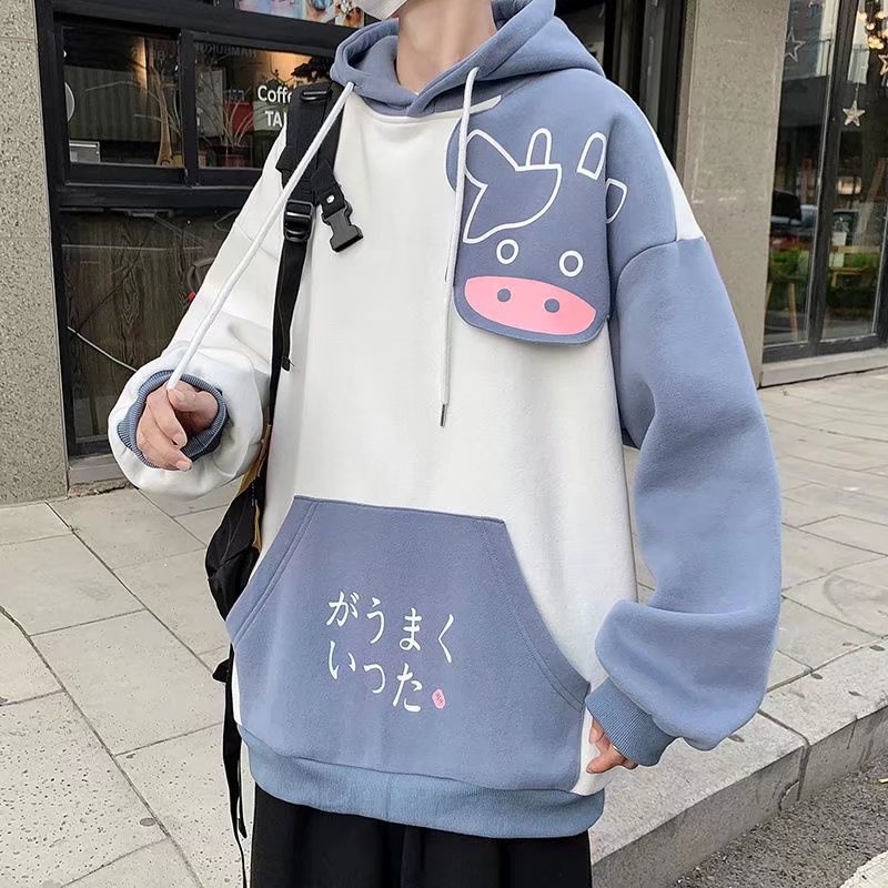 Áo hoodie Tay Dài Dáng Rộng Phối Màu Hoạt Hình Thời Trang Thu Đông Cho Nam