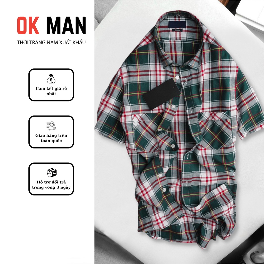 Áo sơ mi nam ngắn tay kẻ caro, form slimfit, 5 màu, chất liệu cotton, OkMan