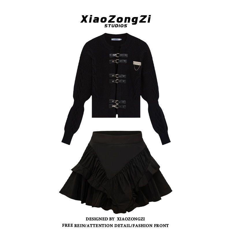 Bộ Áo Khoác Cardigan Dáng Ngắn / Váy Ngắn Dáng Chữ A Cài Nút Bằng Da Thời Trang Mùa Thu Cho Nữ