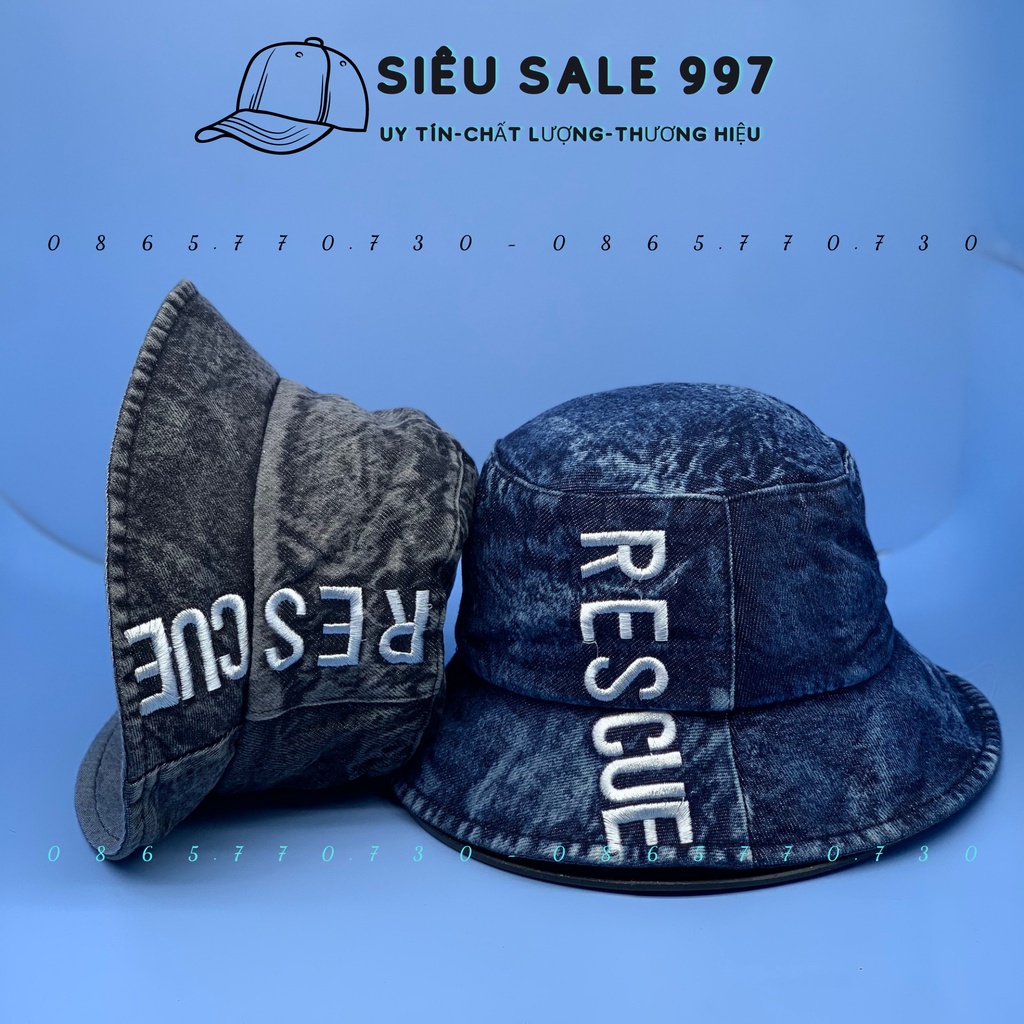 MŨ BUCKET RESCUE CHẤT JEAN THÊU CHỮ  DỌC THỜI TRANG HOT HIT NAM NỮ CAO CẤP