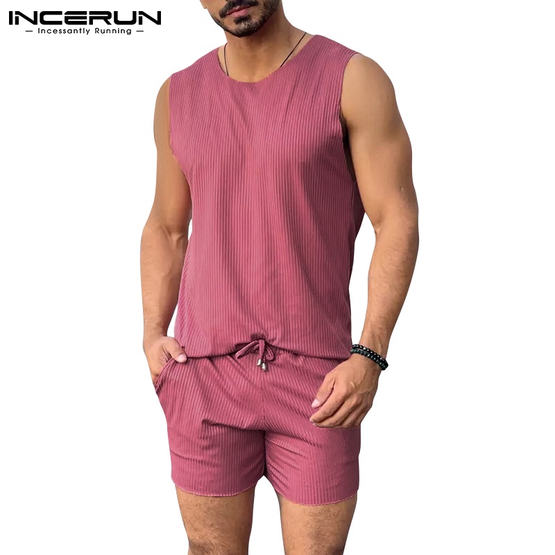 Bộ đồ INCERUN gồm áo sát nách không tay và quần đùi dây rút thiết kế đơn giản thời trang thường nhật dành cho bạn nam