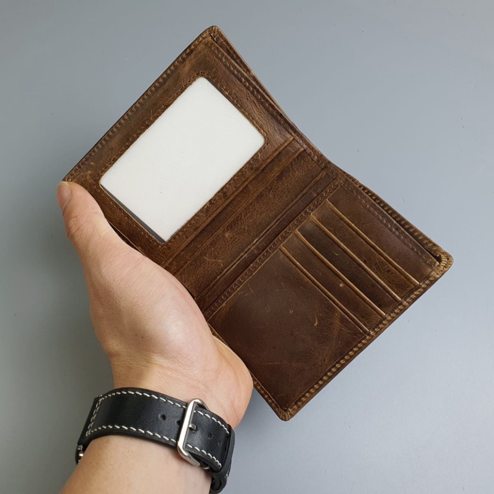 Ví nam đứng da sáp MENLY Waxy Leather Wallet, ví da thật cao cấp