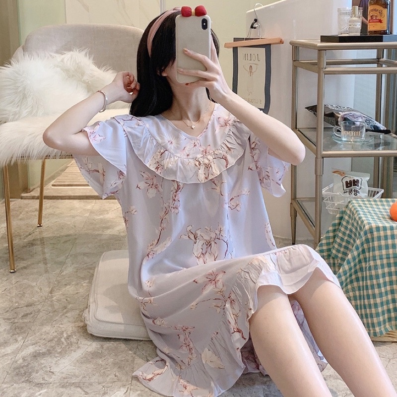 Váy ngủ lanh dáng suông, váy bầu lanh rộng mềm mịn mát free size 40-80kg