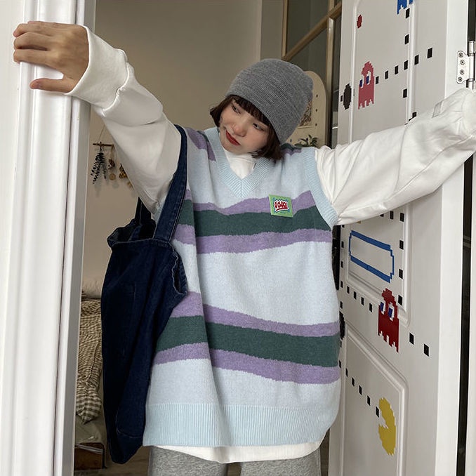 Thời Trang Áo Len Dệt Kim Không Tay Dáng Rộng Phối Màu Tương Phản Phong Cách Hàn Quốc