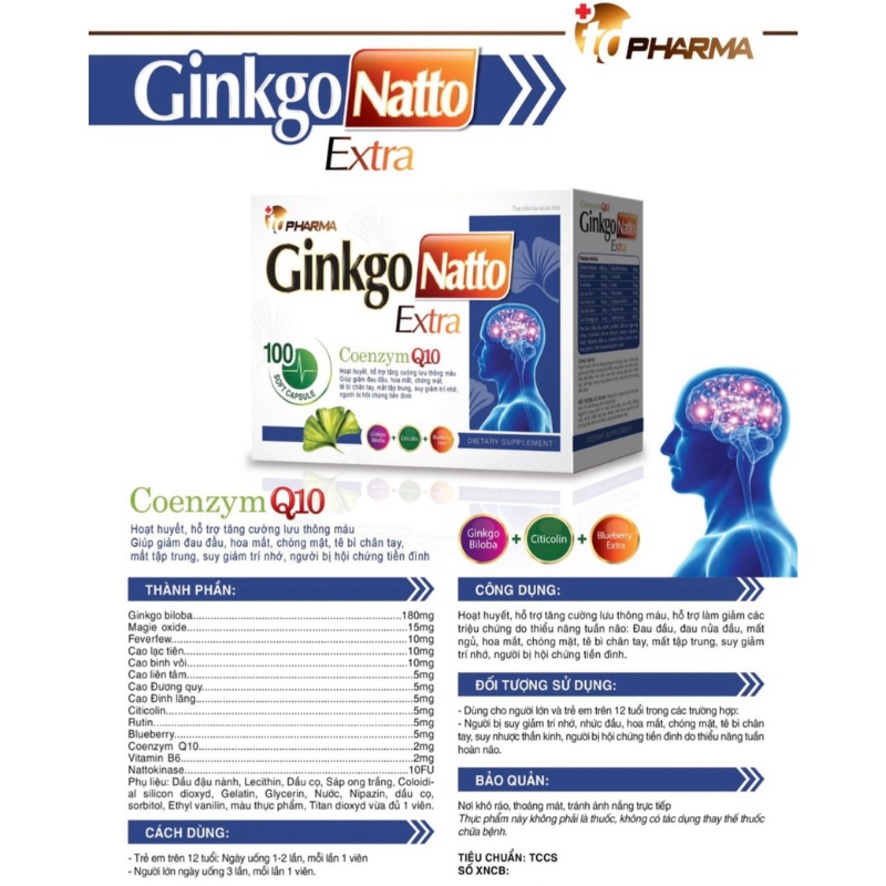 Bổ não Ginkgo Natto Extra Coenzym Q10 Trắng hộp 100 viên nang mềm, Tăng cường lưu thông tuần hoàn não