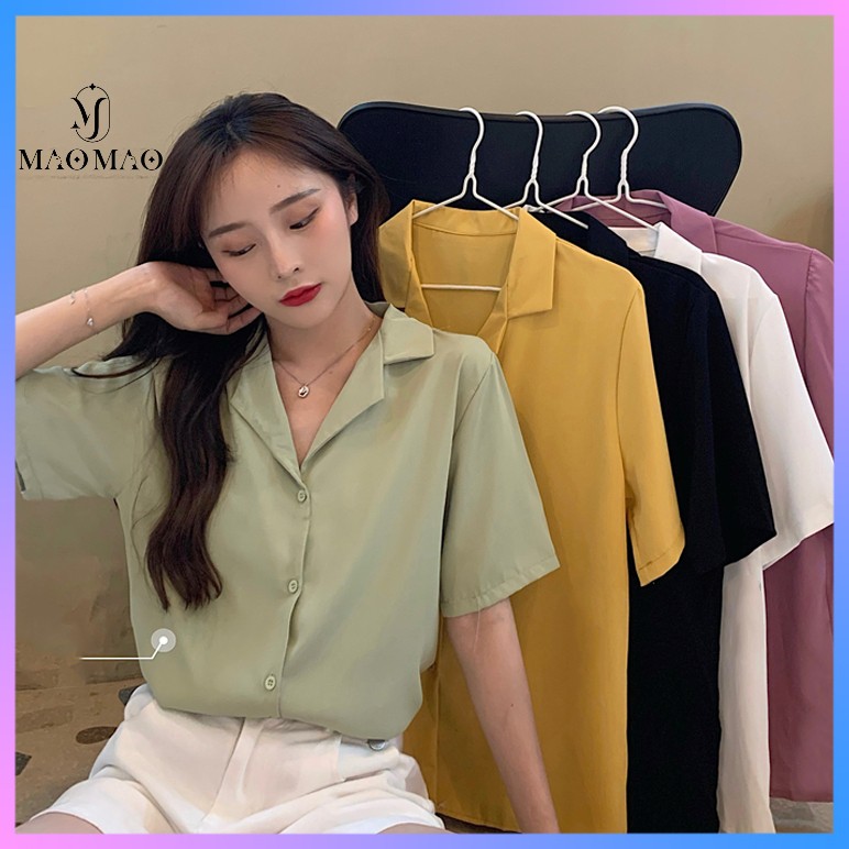 Áo sơ mi nữ đẹp tay ngắn cổ vest form rộng, Áo kiểu nữ sơ mi trắng cộc tay công sở phong cách vintage Hàn Quốc - Maoshop