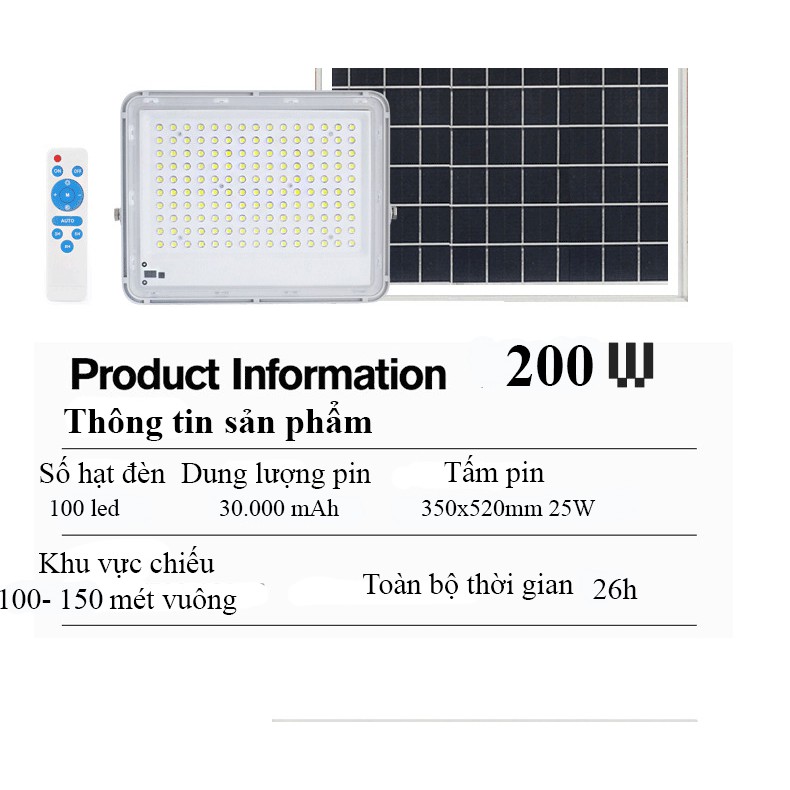 Đèn led năng lượng mặt trời 200W công nghệ led mới hạt tròn siêu sáng hiển thị phần trăm pin [Bảo hành 1 năm]