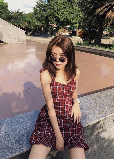 [Mã SKAMSALEP6 giảm 10% tối đa 100K đơn 150K] ĐẦM CARO CUP NGỰC ĐỎ NHÚN THÂN DÂY ĐIỀU CHỈNH DỄ MẶC( KÈM ẢNH THẬT) | BigBuy360 - bigbuy360.vn