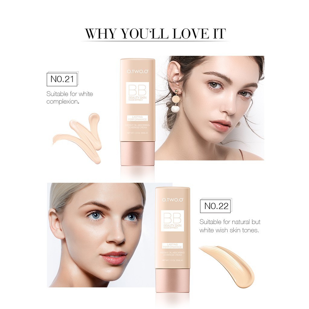 Kem nền BB Cream O.TWO.O che khuyết điểm tự nhiên kiềm dầu toàn diện không gây bết dính 4 màu sắc 60g