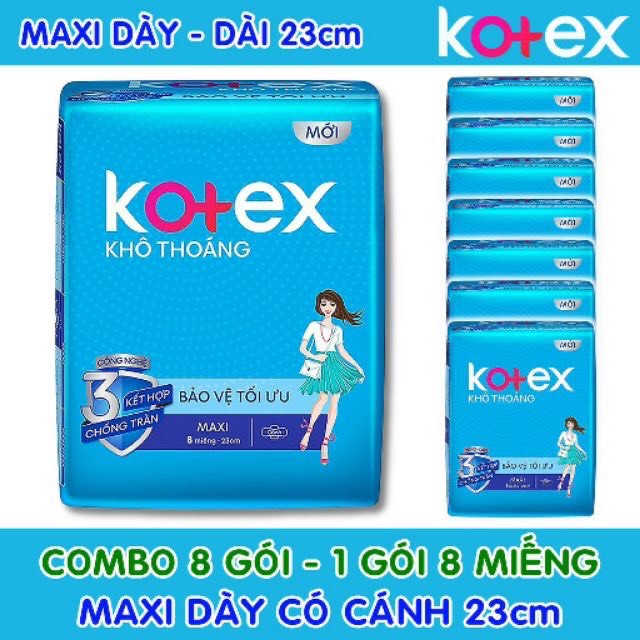 Combo 8 Gói Băng Vệ Sinh Kotex Maxi Dày Có Cánh 23cm ( 1 Gói 8 Miếng - 1 Lốc 8 Gói )