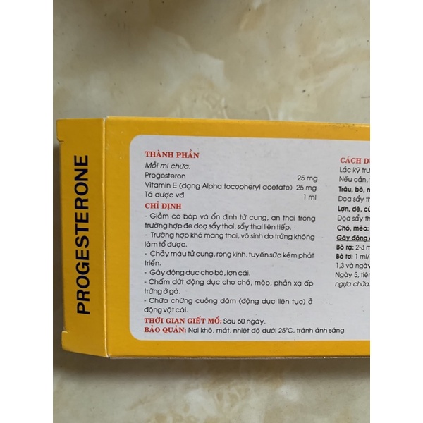 1 hộp Progesterone 2ml x 10 ống - A.n Th.ai cho heo, chó, mèo, trâu, bò, ngựa, dê, cừu