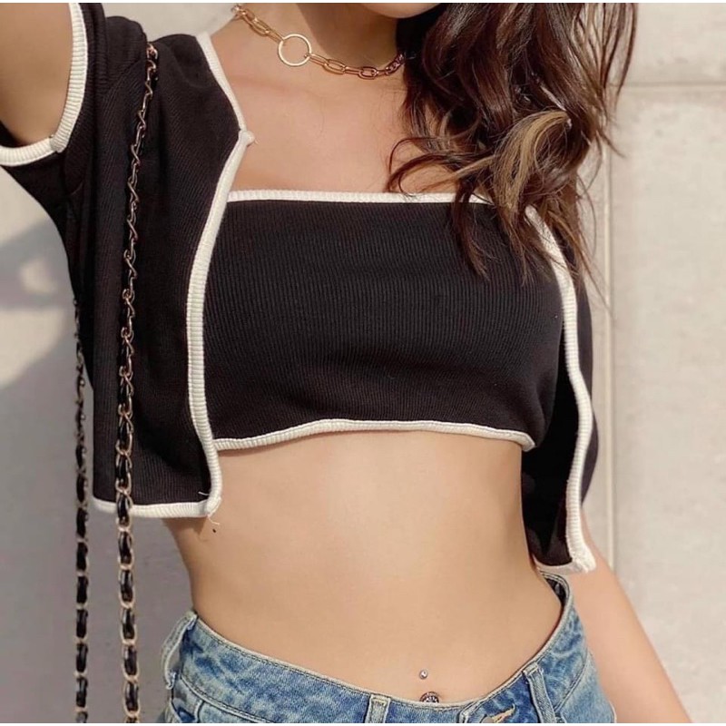 Sét bộ nữ croptop áo gân viền + áo ống lót (sét 2 món)