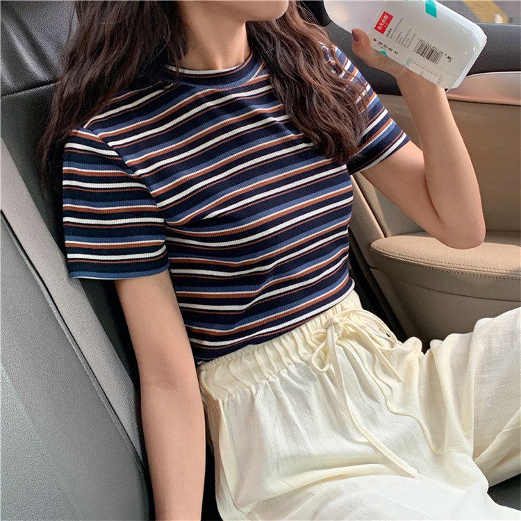 Áo thun dệt kim SUXI dáng ôm tay ngắn họa tiết sọc cầu vồng phong cách Hàn Quốc