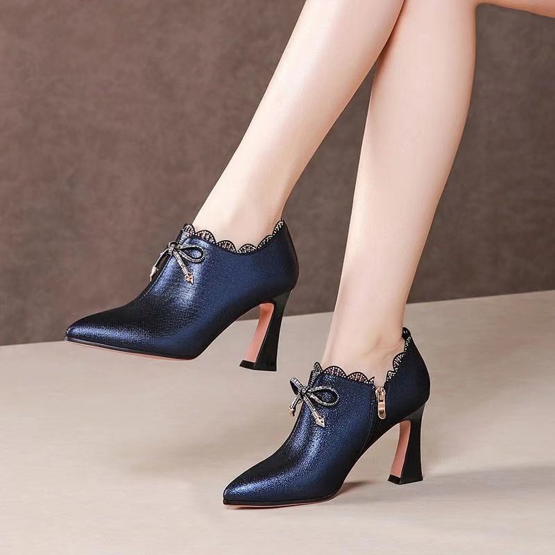 ∋2021 autumn and winter new leather deep-mouthed high-heeled shoes, women s fashion bowknot rhinestone all-match thick-heeled shoes