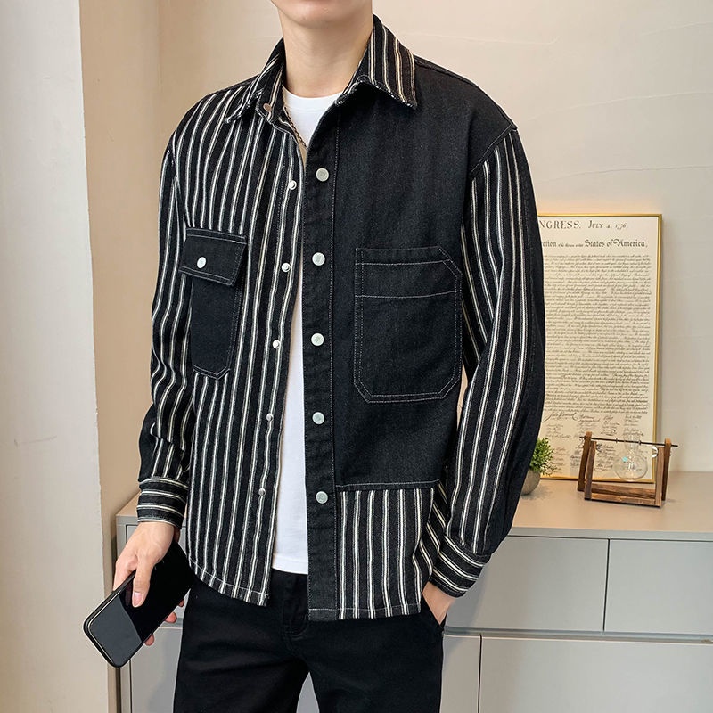 Áo Sơ Mi Nam!Áo Khoác Denim Dáng Rộng Phối Họa Tiết Kẻ Sọc Thời Trang Xuân Thu Phong Cách Hàn Quốc Mới Cho Nam
