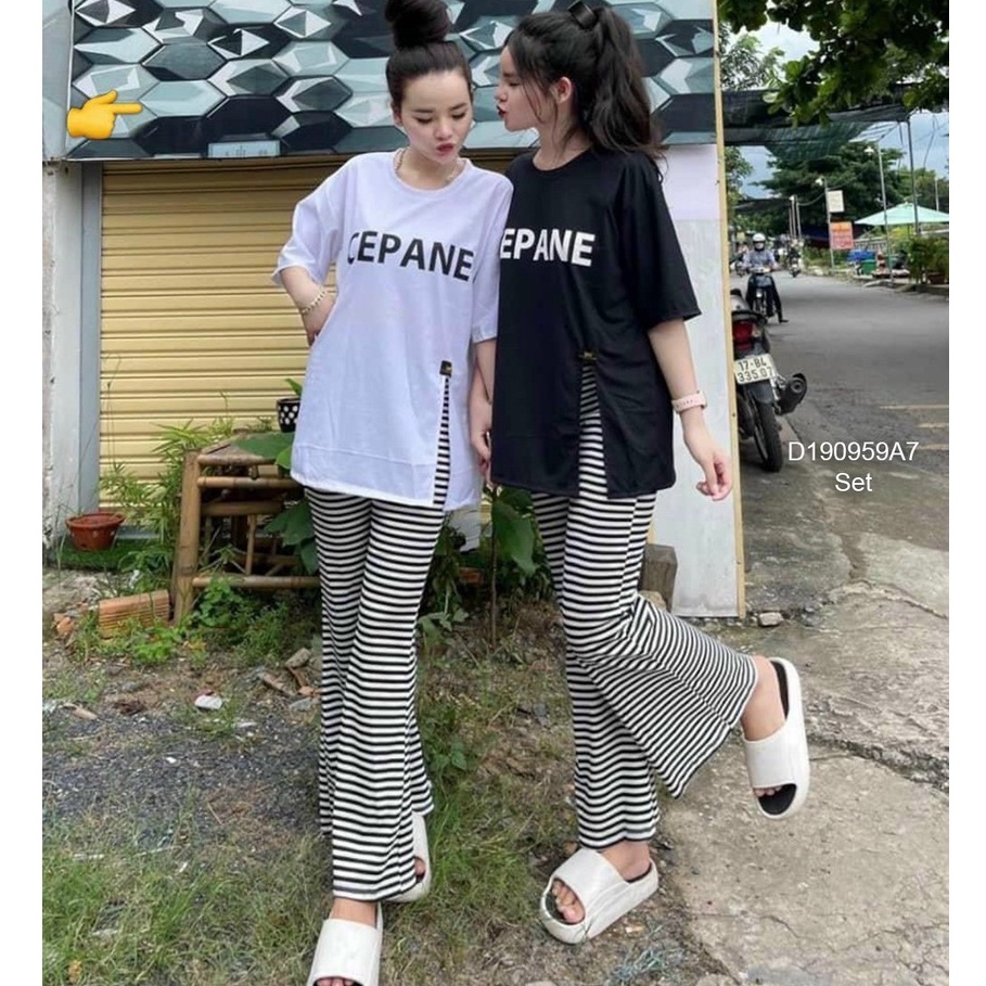 Set áo thun chữ xẻ tà+ quần sọc ống loe!