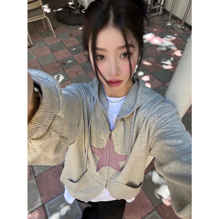 ZHELIHANGFEI Áo Hoodie Tay Dài Họa Tiết Ngôi Sao Theo Phong Cách Preppy Theo Phong Cách Mỹ Dễ Phối Đồ