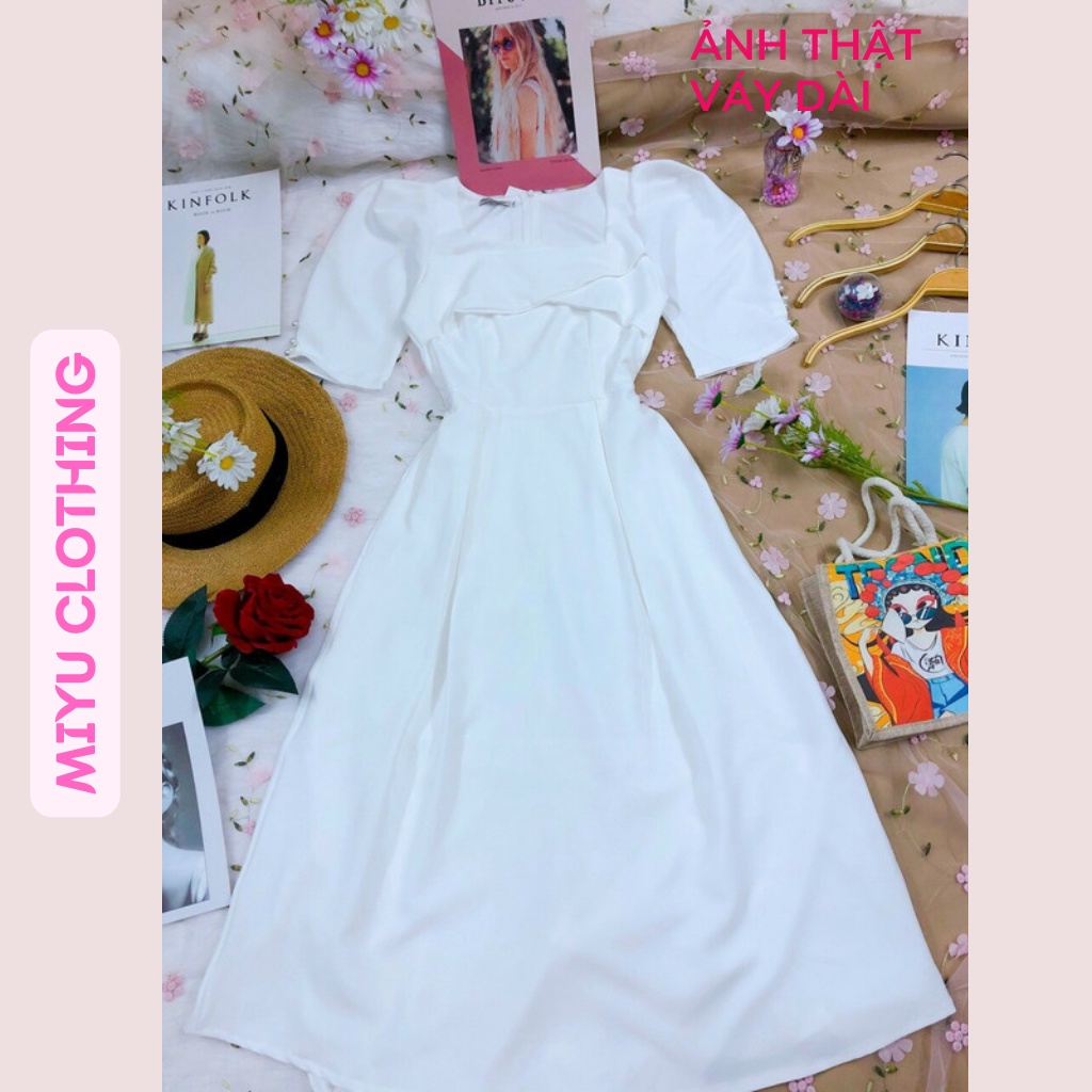 Đầm đi đám cưới váy dự tiệc dài tay lửng váy nữ trắng ngắn dài xòe chất liệu cotton gân mịn 2 lớp MiyuClothing