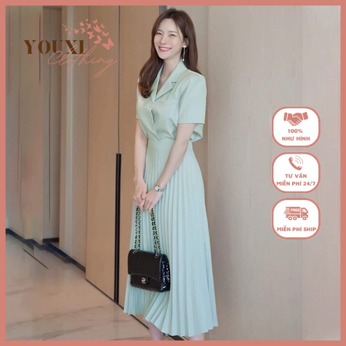 Set áo cổ vest mix chân váy dài công sở dập li, áo blazer ngắn tay thích hợp đi làm đi tiệc - Youxiclothing