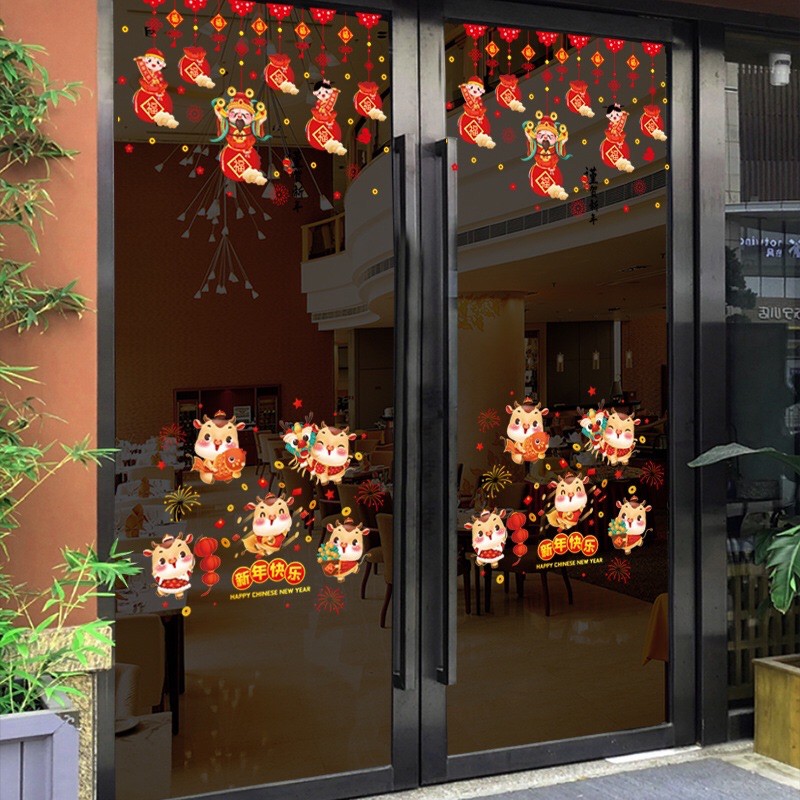 Decal Tết DÁN CỬA LỚN - Rèm túi tiền đỏ phối Trâu sữa đáng yêu (2 tấm )