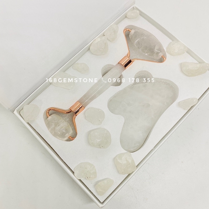 Cây Lăn Massage Mặt Và Đá Guasha Nâng Cơ Mặt Trẻ Hoá Làn Da Set Màu Trắng Hồng, Hộp Kèm Cao Cấp