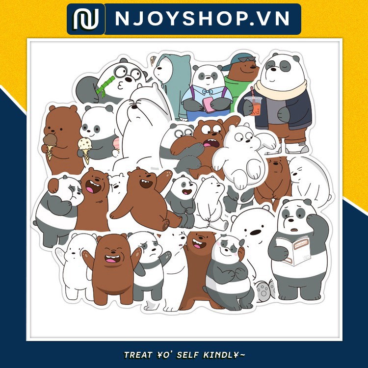 SET 50 MIẾNG STICKER 3 CHÚ GẤU WE BARE BEAR CHỐNG NƯỚC DÁN NÓN BẢO HIỂM, LAPTOP, VALI, TỦ, BÀN HỌC, XE MÁY