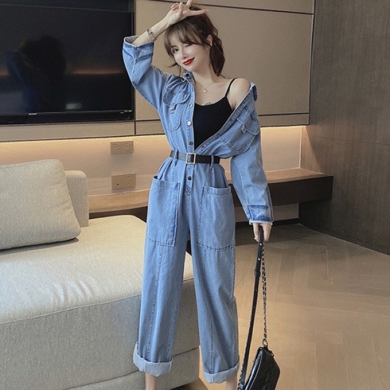 Jumpsuit Jean nữ cao cấp, thiết kế dáng rộng, kiểu dáng đơn giản, trẻ trung NV0575
